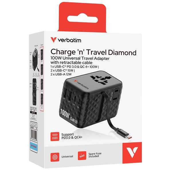 Adattatore - da viaggio universale - GaN III - con cavo USB-C retrattile - Nero - Verbatim