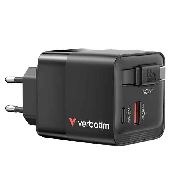 Caricabatterie - da muro - GaN - 65W - 2 porte - con cavo retrattile -Verbatim