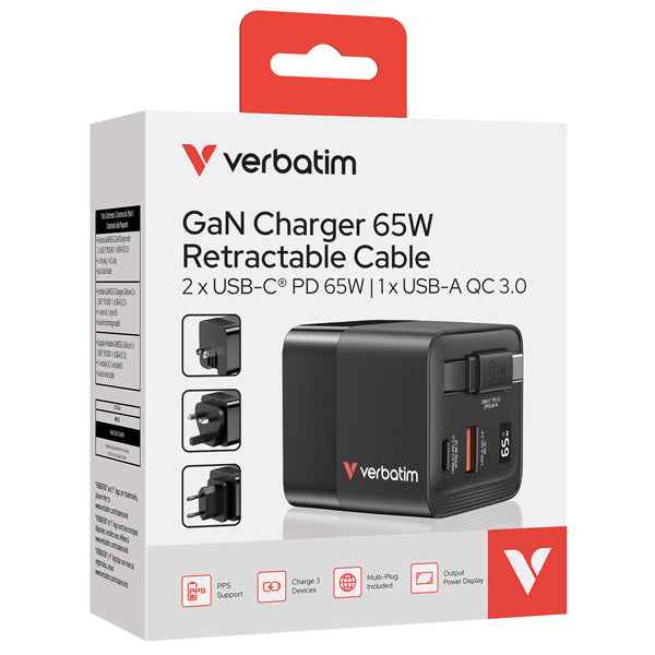 Caricabatterie - da muro - GaN - 65W - 2 porte - con cavo retrattile -Verbatim