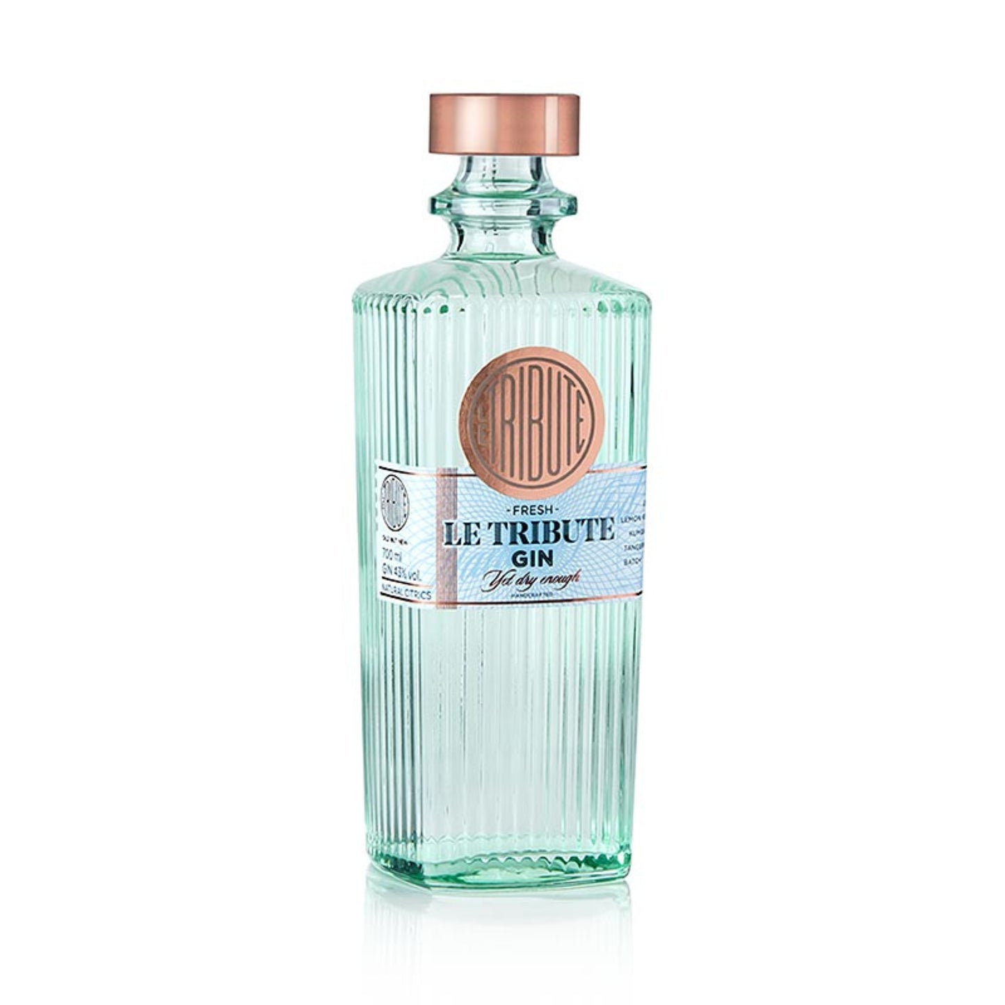 Gin Le Tribute 70cl bottiglia vetro verde scanalato dettagli rame