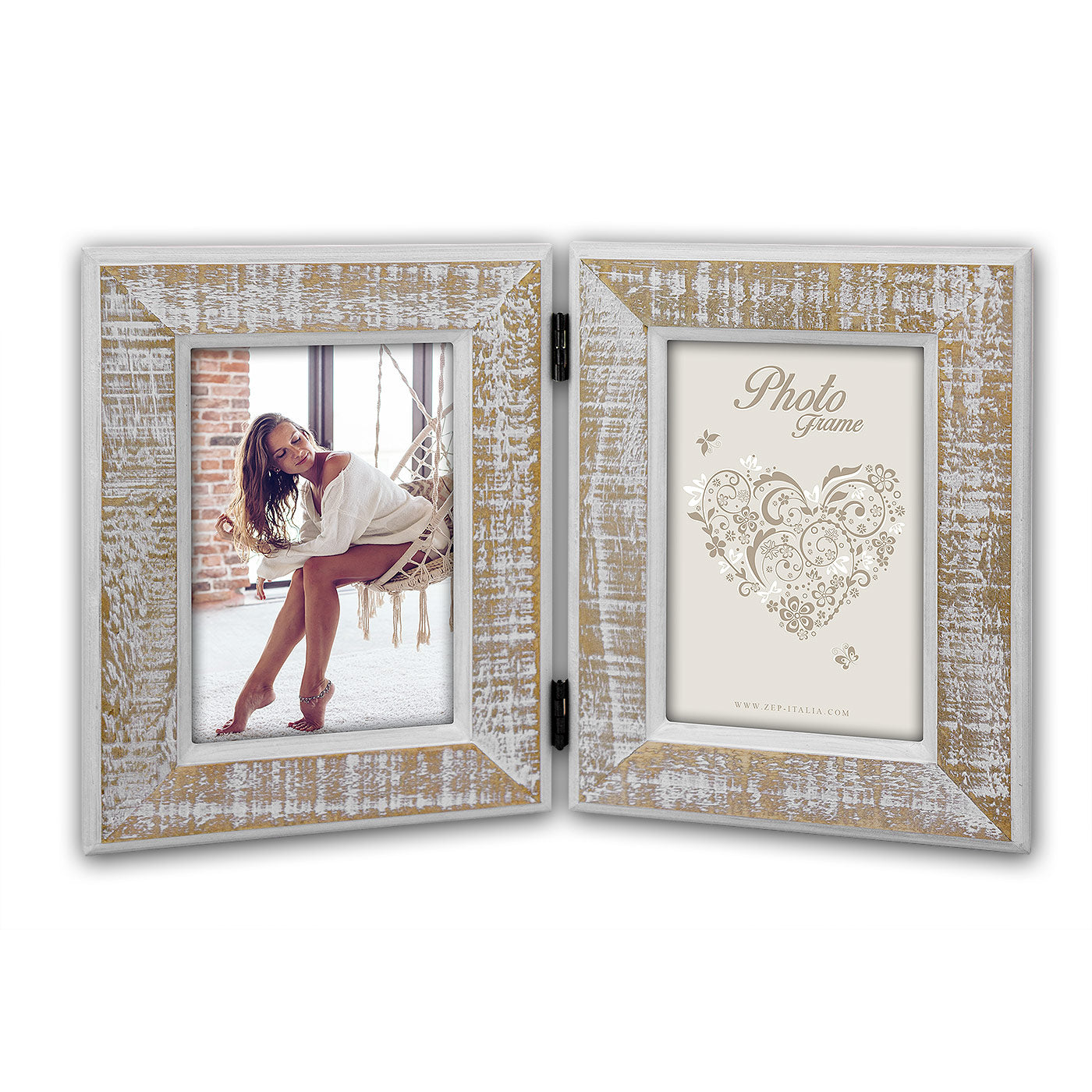 Cornice Levico 2Q legno bianco naturale vintage multifoto per 2 foto 13x18 misure 24x38