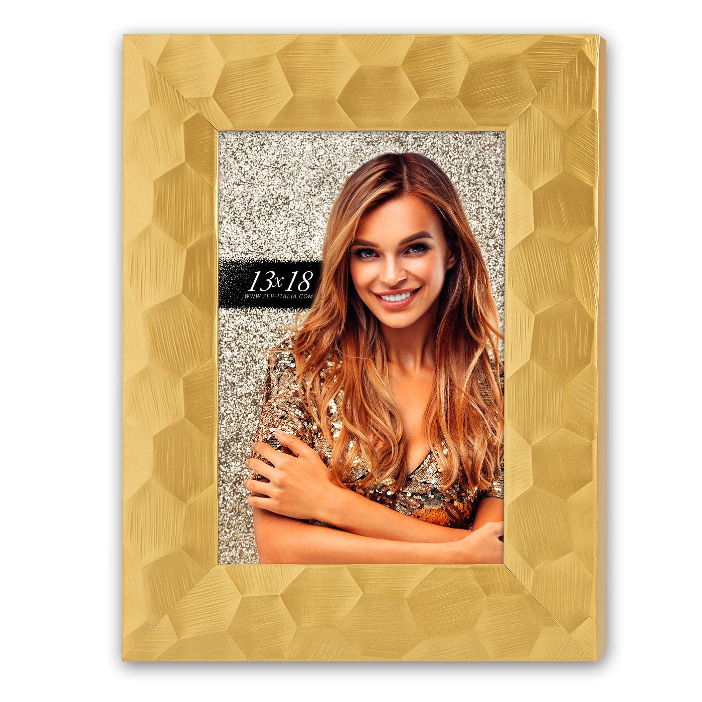 Cornice Gordon Gold plastica oro con profilo classico e decoro 3D a motivo esagonale per foto 13x18 cm