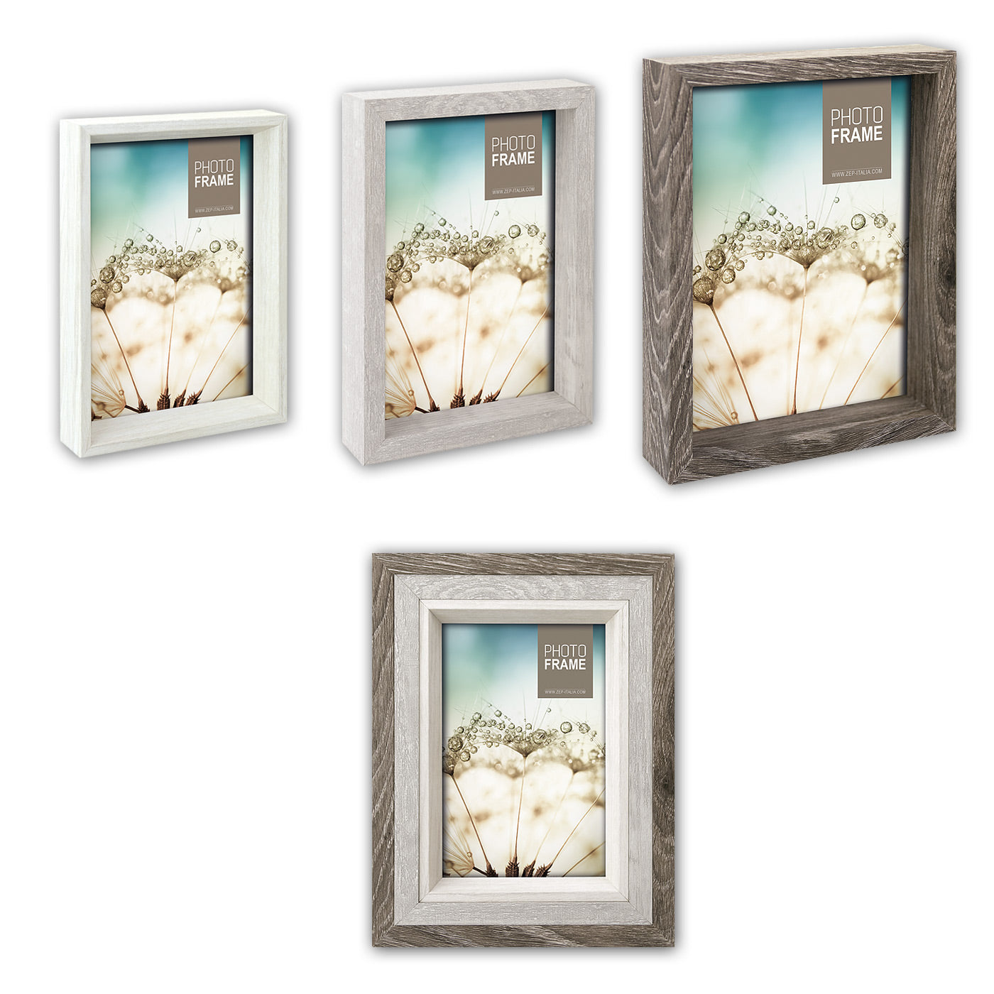 Set 3 cornici Trilogy legno marrone grigio bianco misure 10x15 13x18 15x20cm impilabili