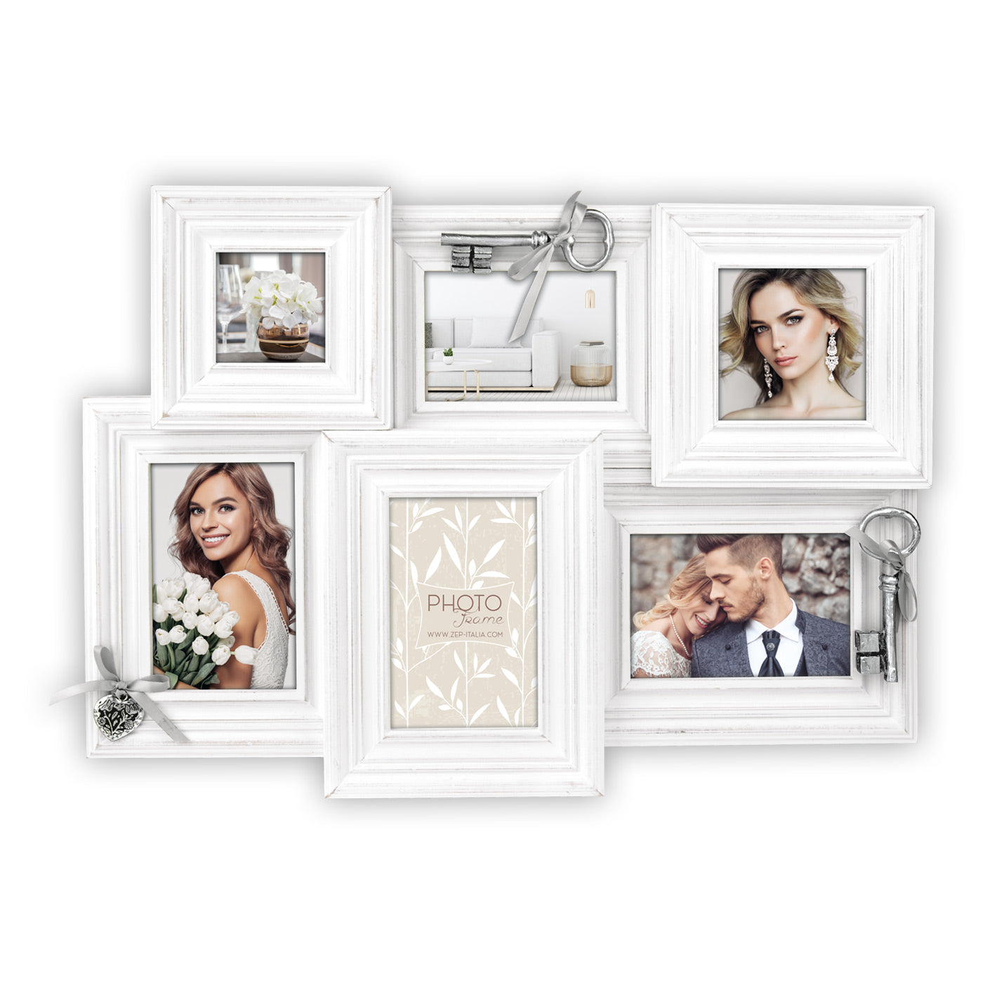 Cornice Astrid legno bianco vintage multifoto da parete per 6 foto con decorazioni 3D a cuore e chiave, misure 52x37 cm
