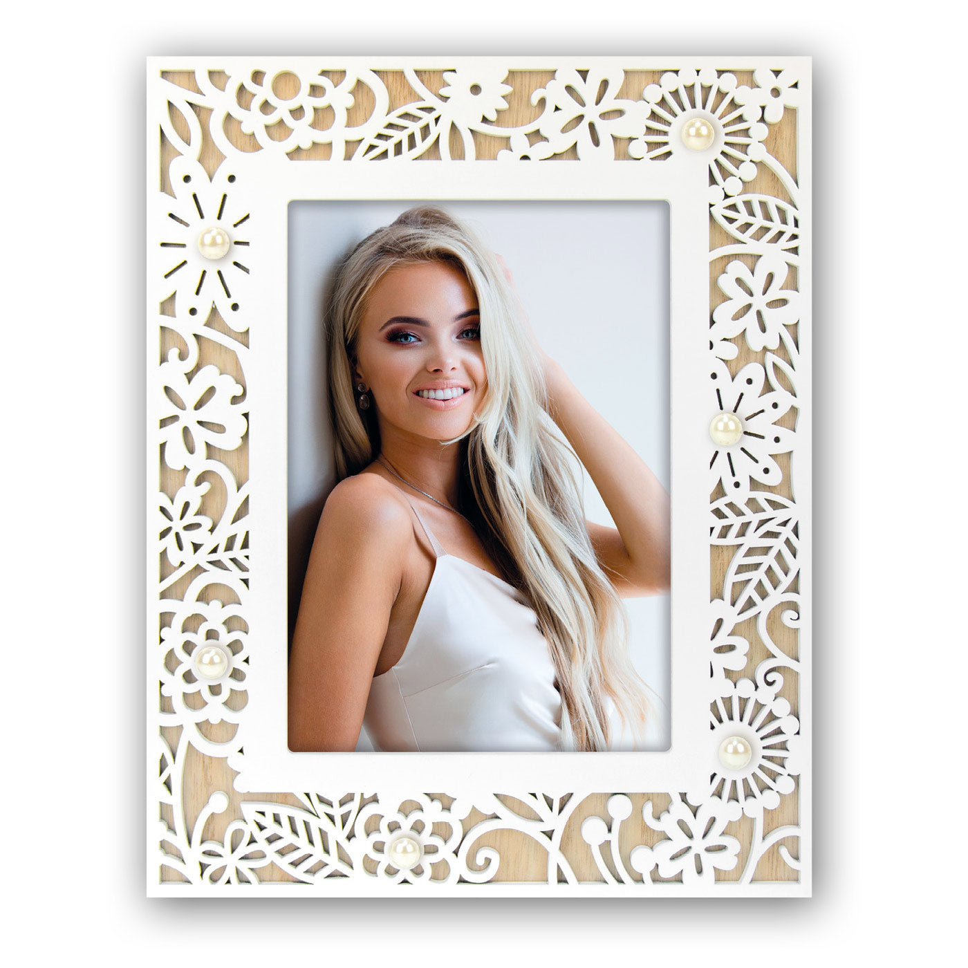 Cornice Lorella legno naturale bianco decoro floreale traforato da tavolo parete per foto 20x25