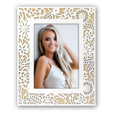 Cornice Lorella legno naturale bianco decoro floreale traforato da tavolo parete per foto 20x25