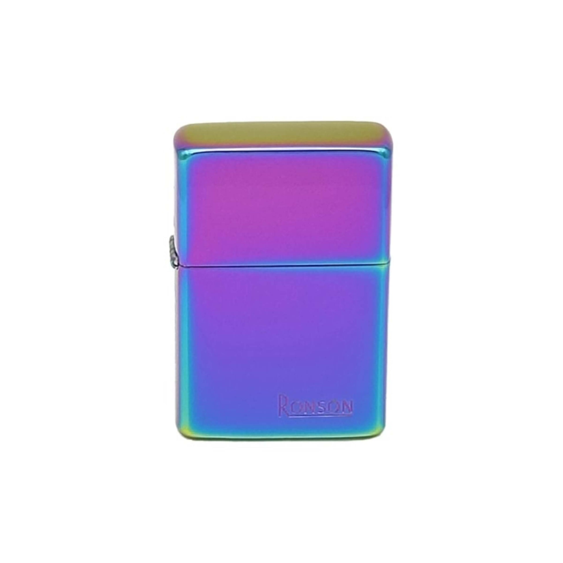 Dettaglio della finitura arcobaleno multicolore dell'accendino a benzina Ronson Rainbow