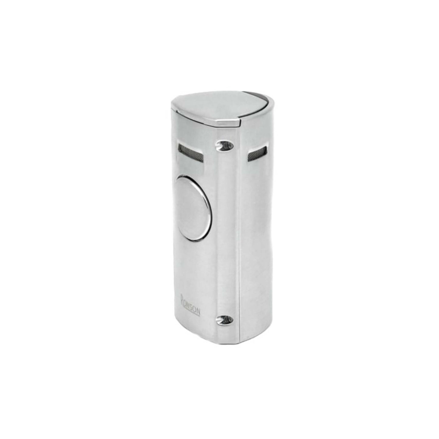 Accendino da tavolo Ronson Volcano Chrome Satin con 4 ugelli jet flame e corpo in metallo cromato satinato