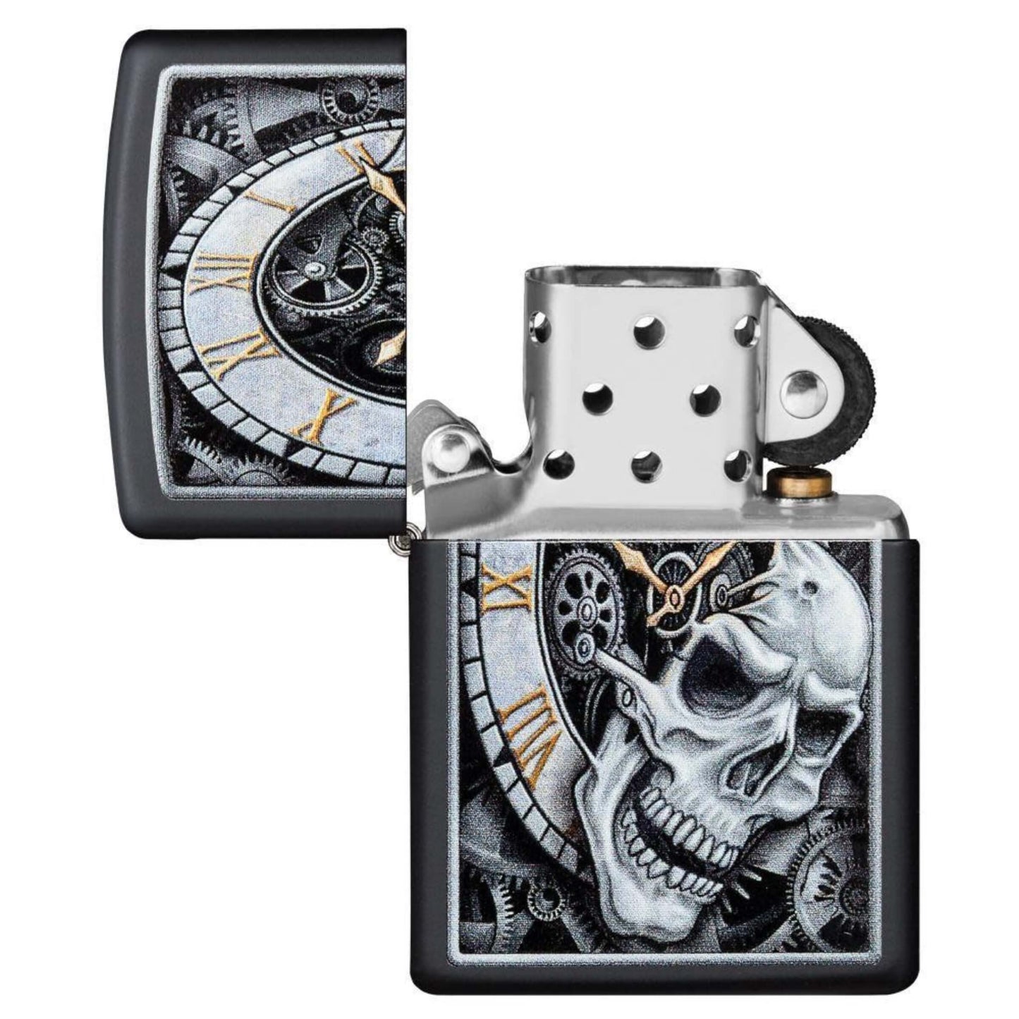 Zippo Skull Clock Design Accendino Antivento Black Matte con Teschio e Orologio - 29854