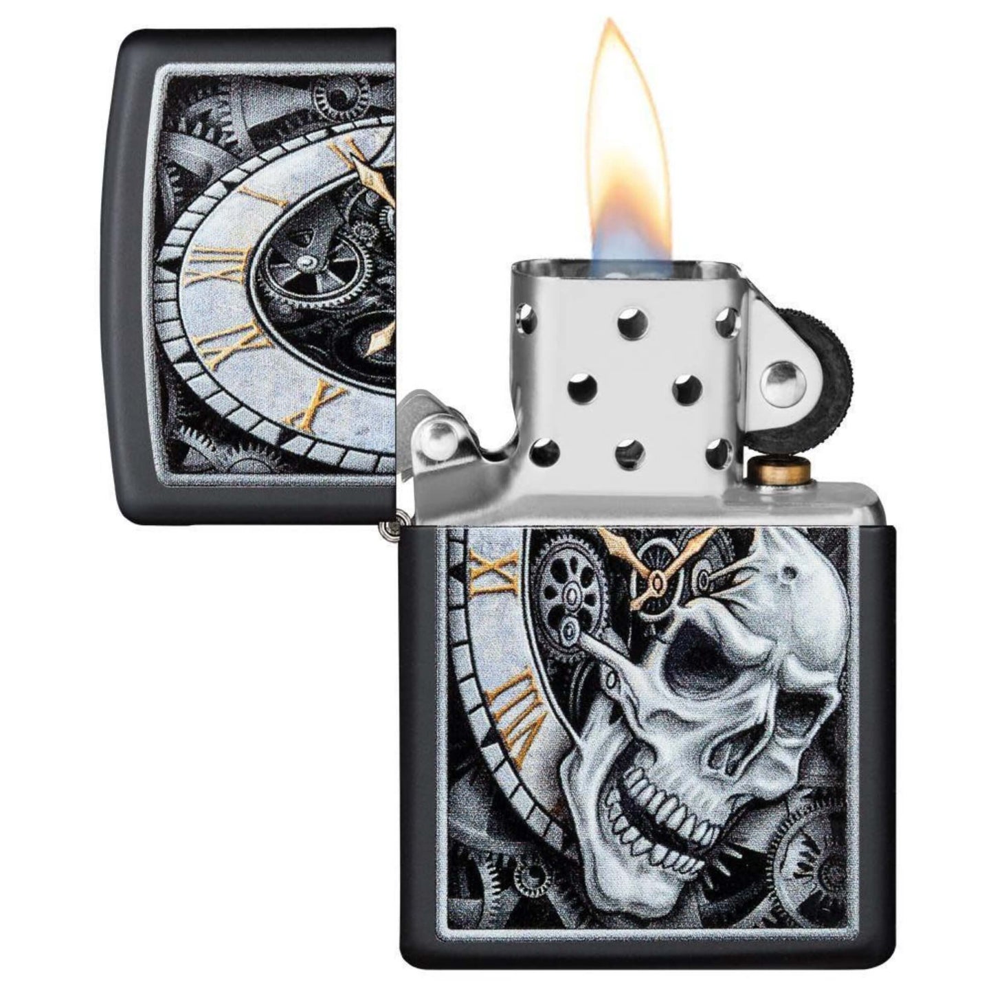 Zippo Skull Clock Design Accendino Antivento Black Matte con Teschio e Orologio - 29854