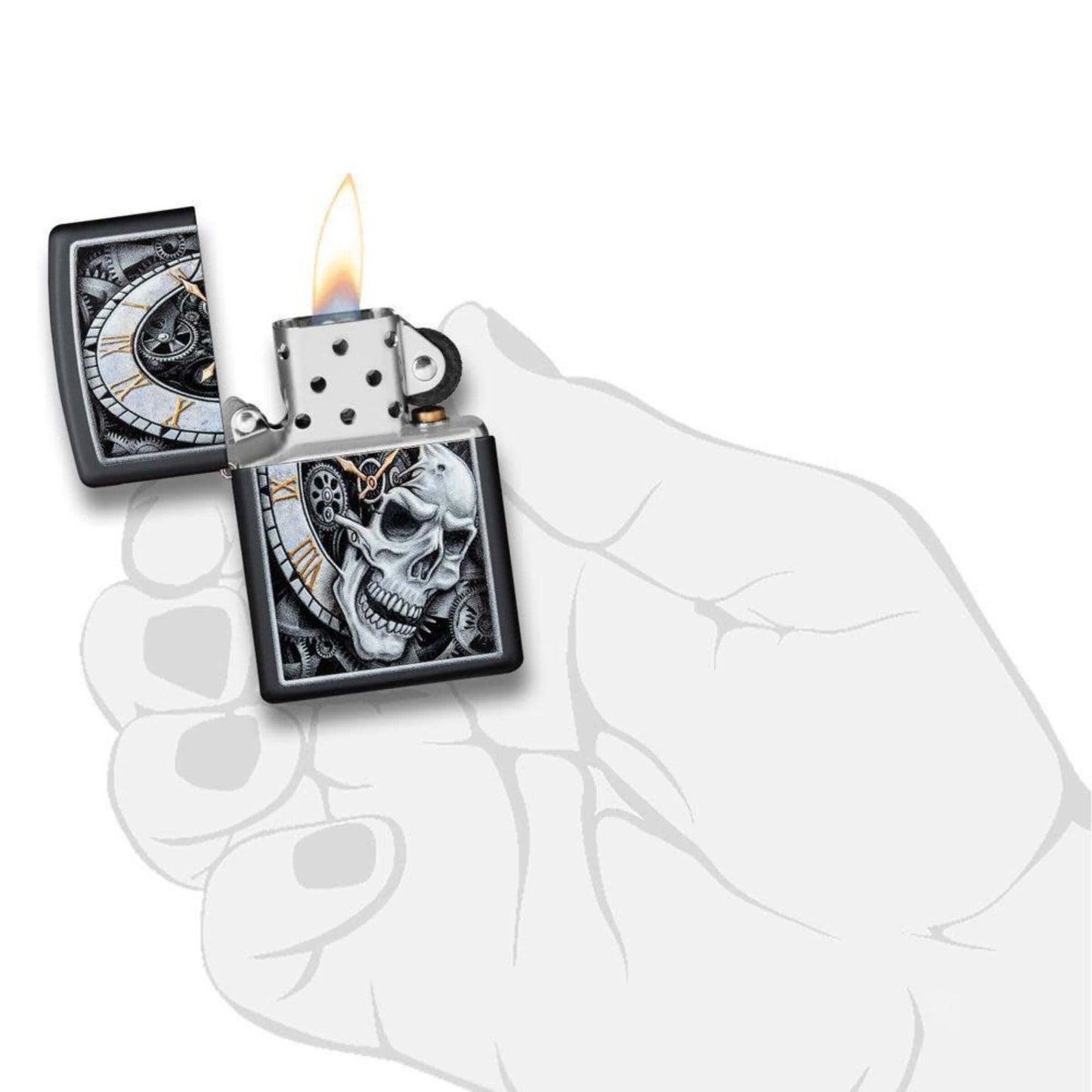 Zippo Skull Clock Design Accendino Antivento Black Matte con Teschio e Orologio - 29854
