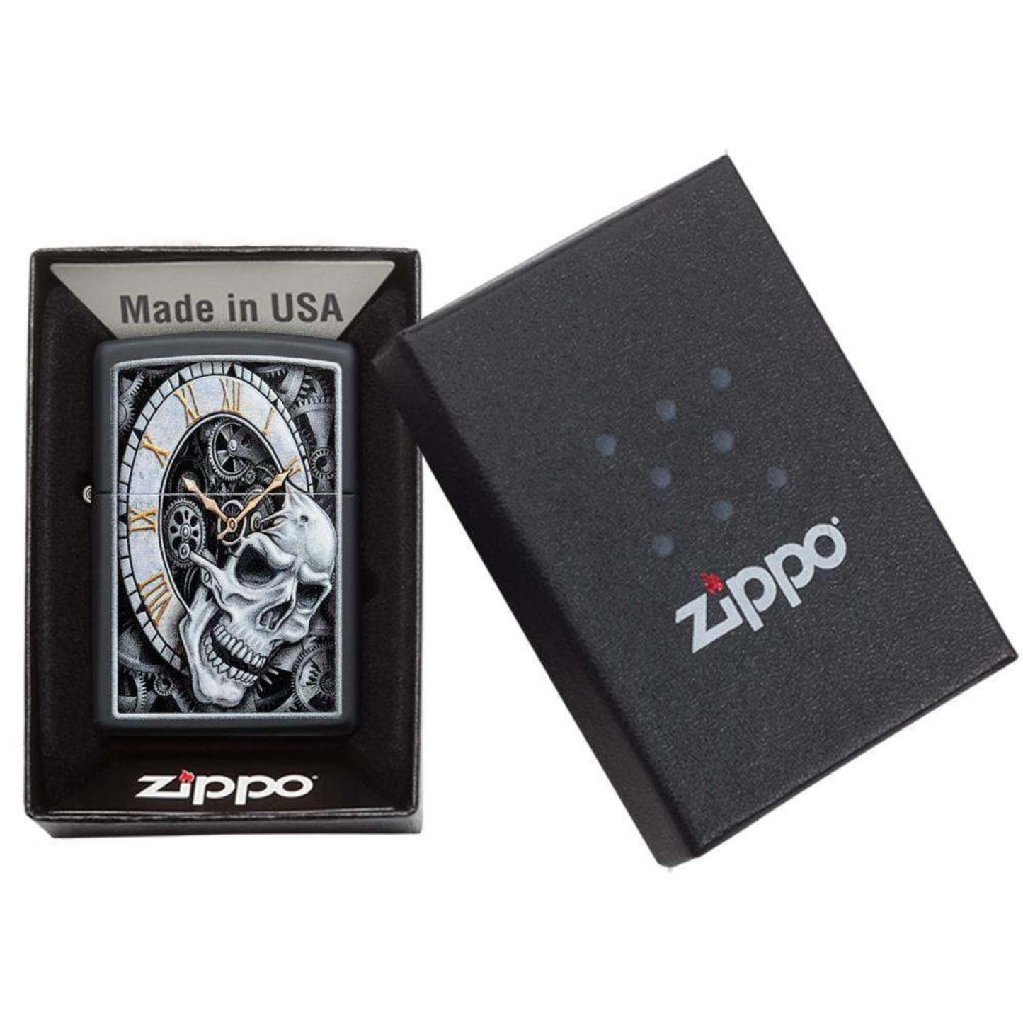Zippo Skull Clock Design Accendino Antivento Black Matte con Teschio e Orologio - 29854