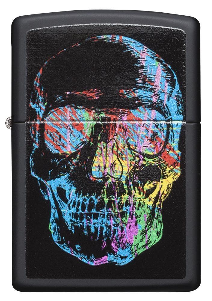 Dettaglio grafica teschio multicolore su accendino Zippo 28042 nero opaco