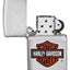 Dettaglio logo Bar e Shield Harley Davidson su finitura High Polish Chrome Zippo
