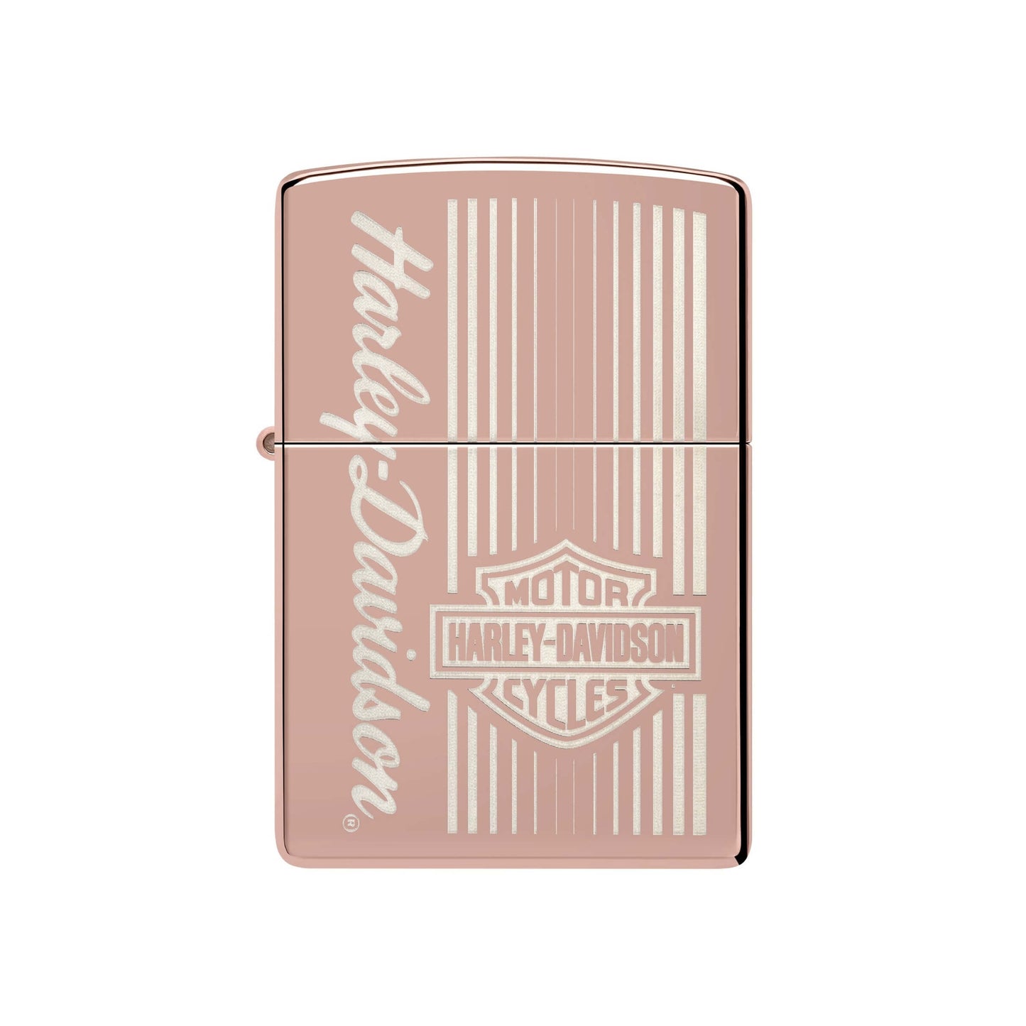 Dettaglio logo Harley Davidson inciso laser finitura Rose Gold Zippo 48992