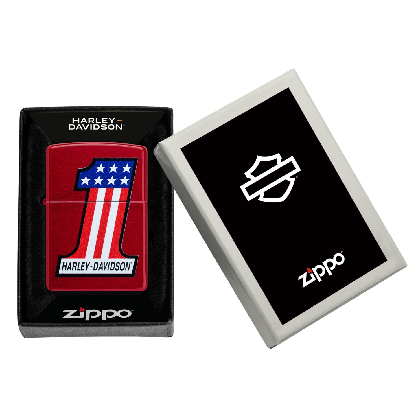 Zippo Harley-Davidson #1 Logo Accendino Antivento Candy Apple Red con Bandiera Americana - 47172