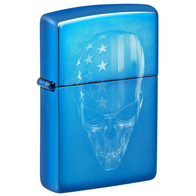 Accendino Zippo 48739 American Skull con teschio e bandiera americana su blu lucido