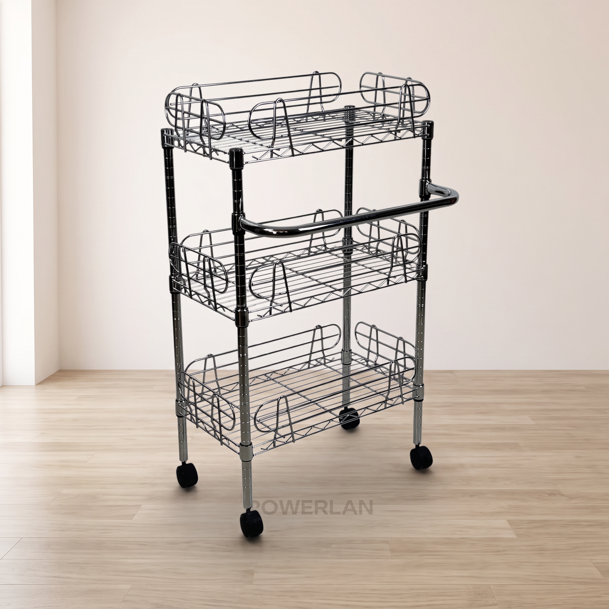 Metallika Carrello Modulare in Acciaio Cromato con Ruote, 3 Ripiani e Sponde Rimovibili