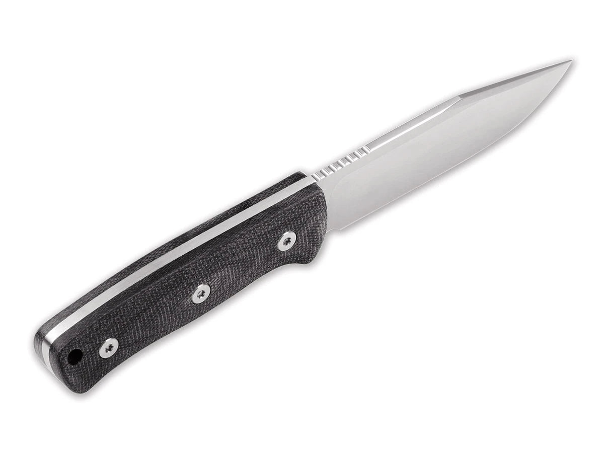 Dettaglio lama D2 clip point full-tang QSP Bison micarta nera