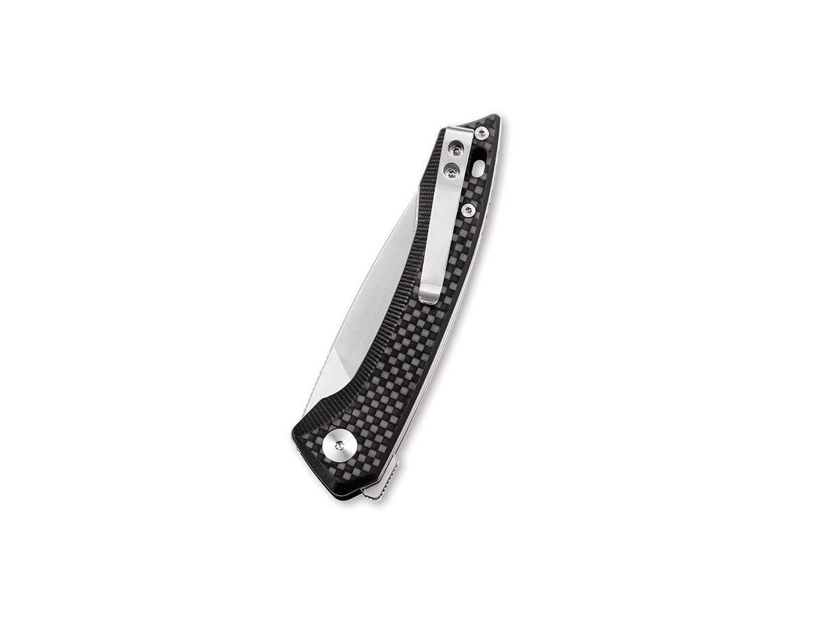 Vista manico G-10 rivestito CF QSP Leopard con clip inox