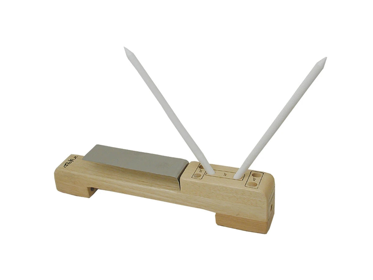 Affilatore ceramica 2 stecche base legno duro, grana media per coltelli da cucina