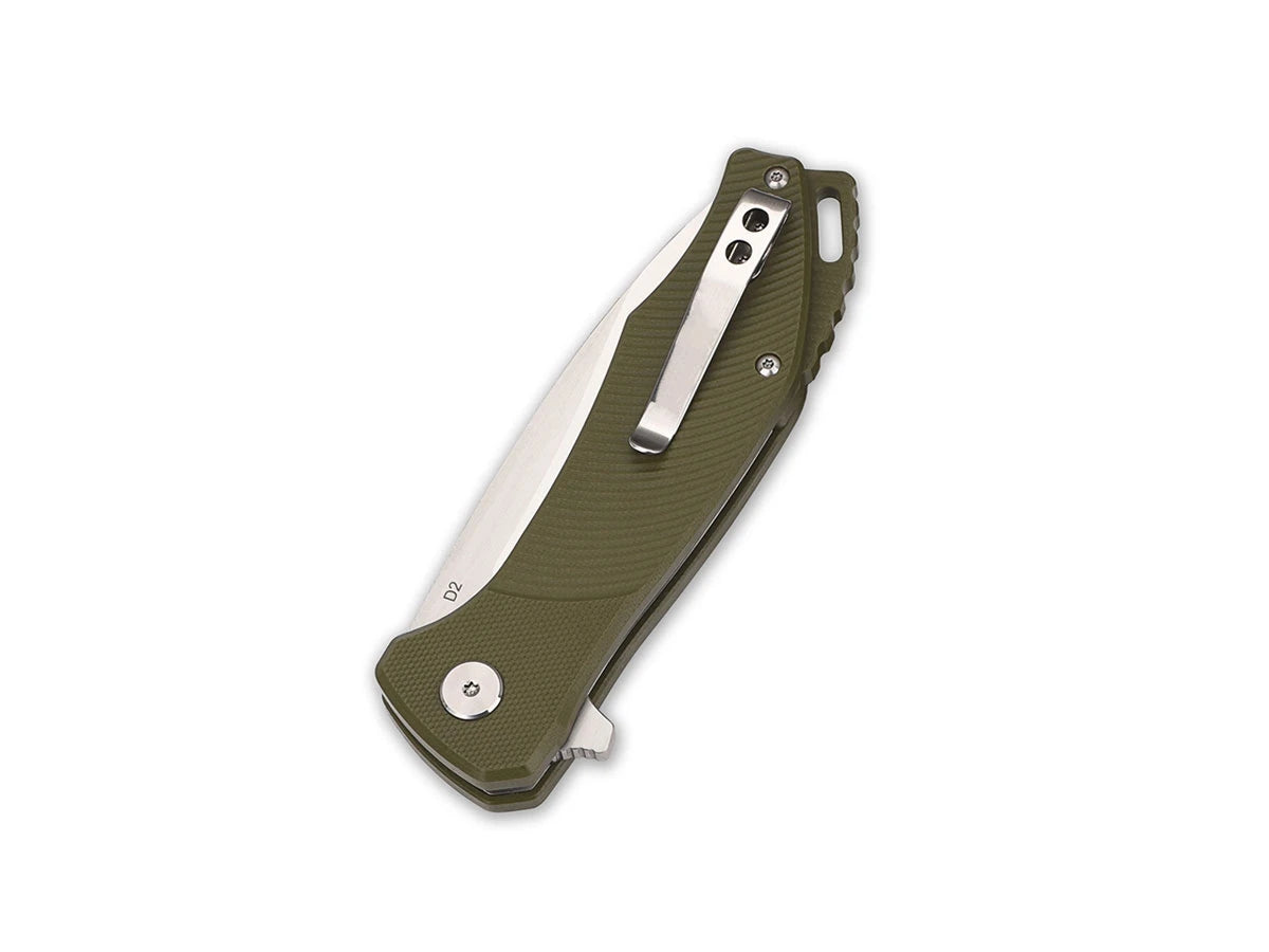 Vista manico G-10 verde QSP Raven liner lock ceramic bearing