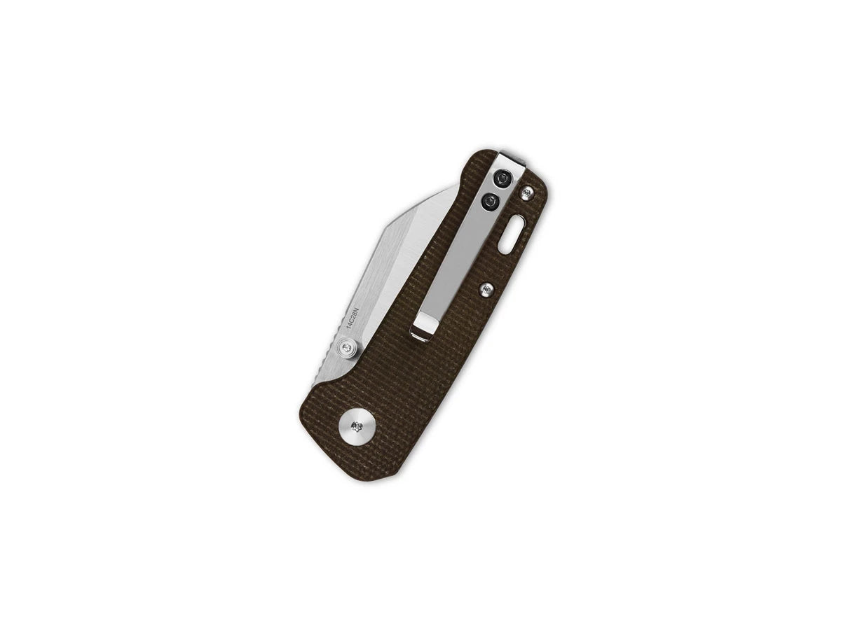 Vista manico micarta marrone scuro QSP Mini Penguin con clip