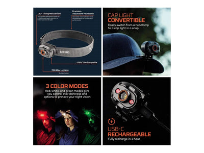 NEBO MYCRO 700 HEADLAMP & CAP Ricaricabile 700 Lumens LED NEB-HLP-0044-H