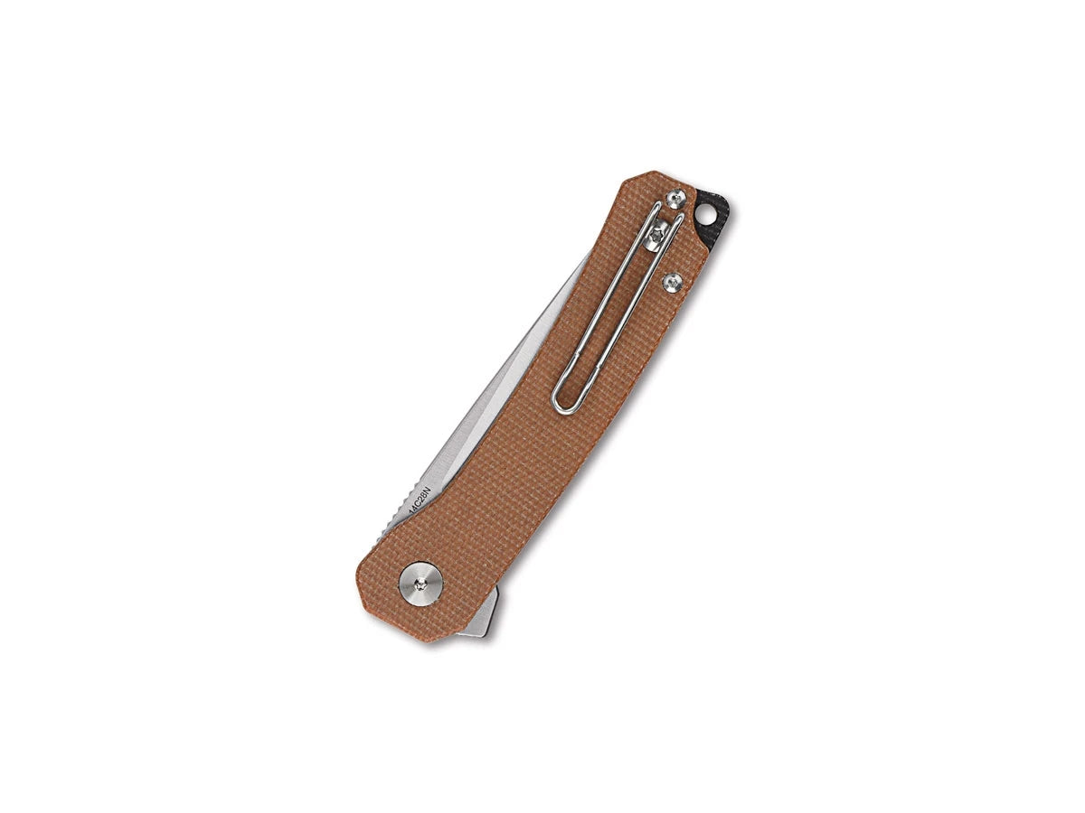 Vista manico micarta marrone QSP Osprey con clip inox foro laccetto