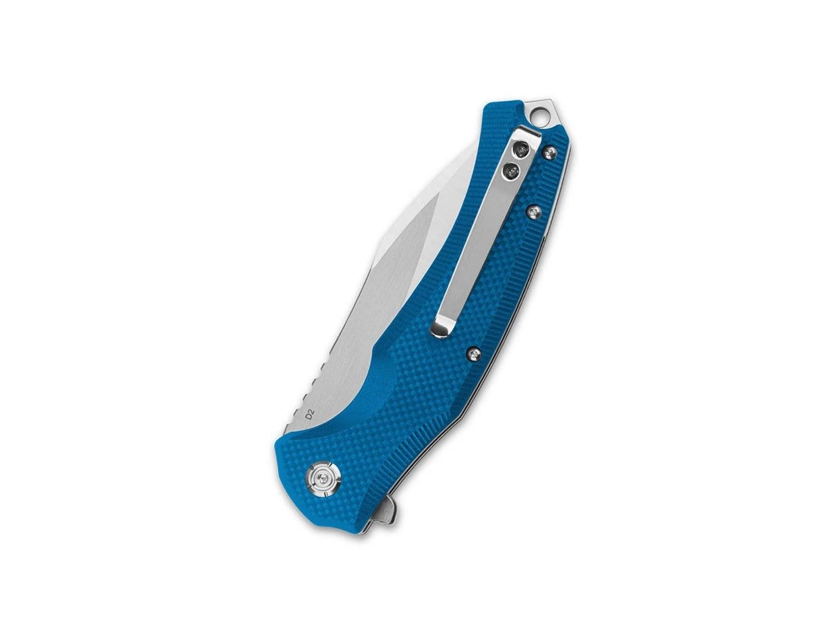 Vista manico G-10 blu QSP Snipe con clip reversibile