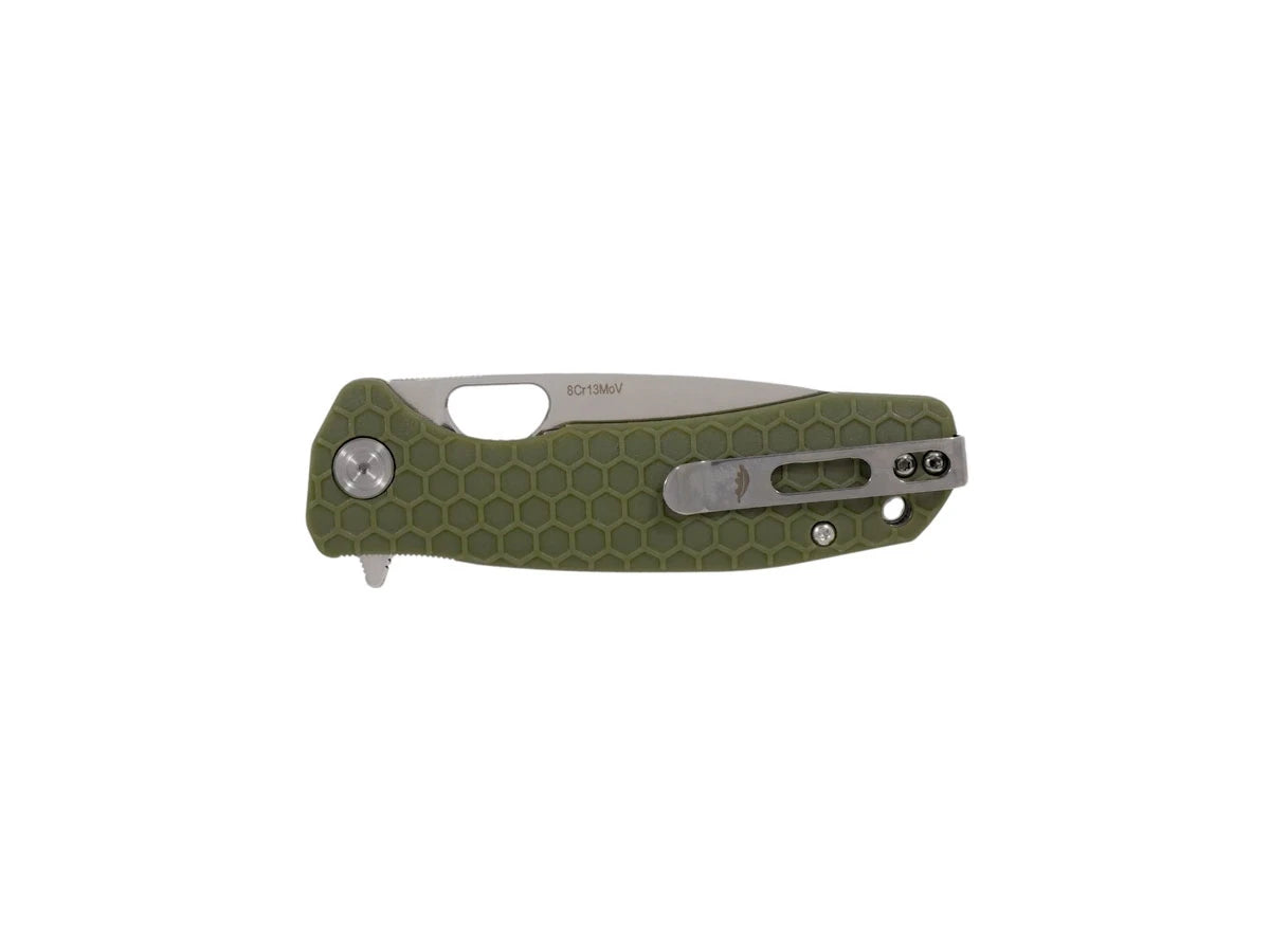 Honey Badger Drop Point Large HB1003 verde, dettaglio manico FRN e clip