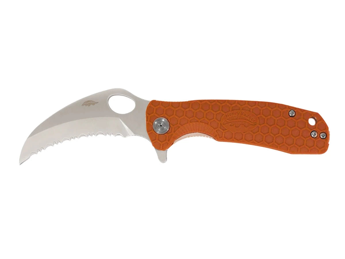 Honey Badger Claw Large Serrated arancione HB1148, lama 8Cr13MoV dentellata artiglio
