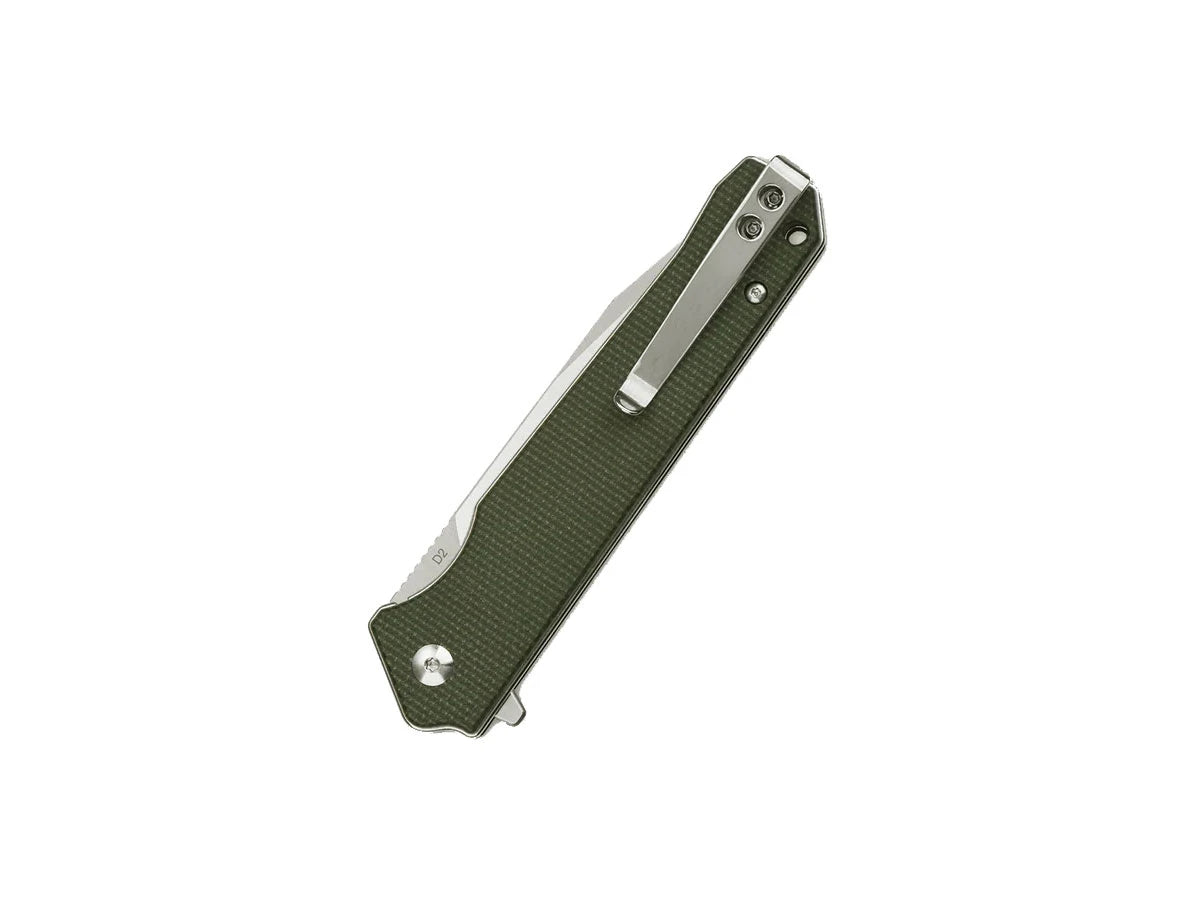 Vista manico micarta verde coltello QSP Mamba V2 con clip