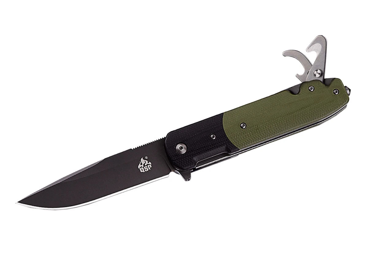 QSP Daeva QS107-B Black Green – coltello D2 G-10 con taglia-cinghia e rompivetro
